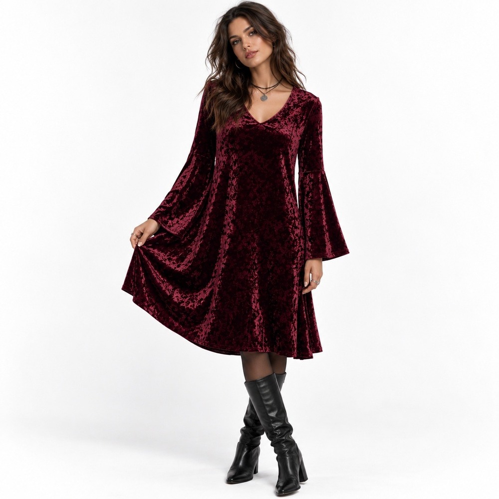 a.n.a Dress Burgundy Crushed Velvet Bell Sleeve Boho Women XL
